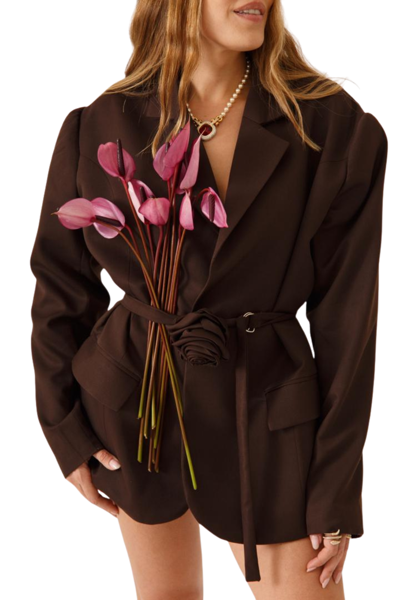 BROWN BLAZER WITH ROSE BELT