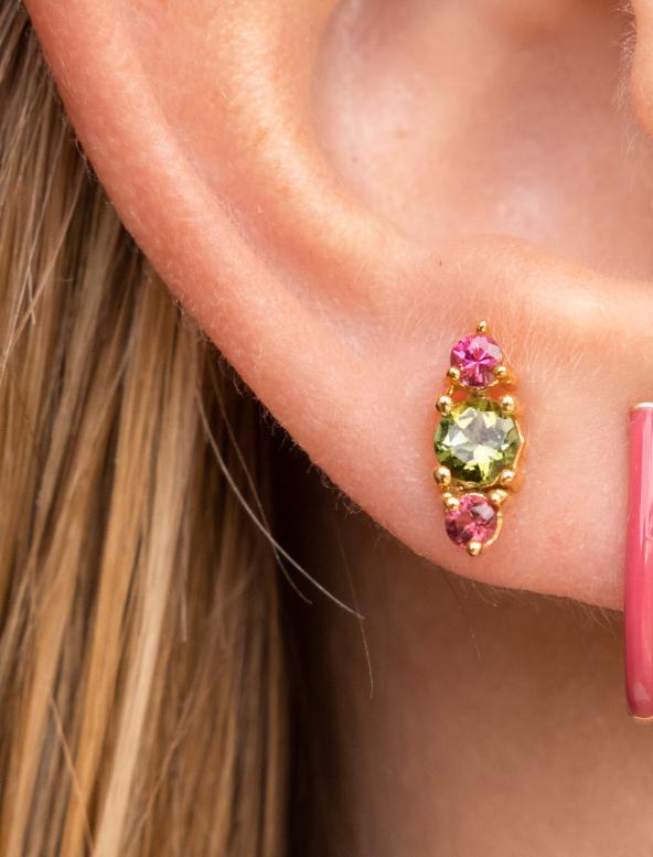 3 STONE STUD GREEN AND PINK TOURMALINE